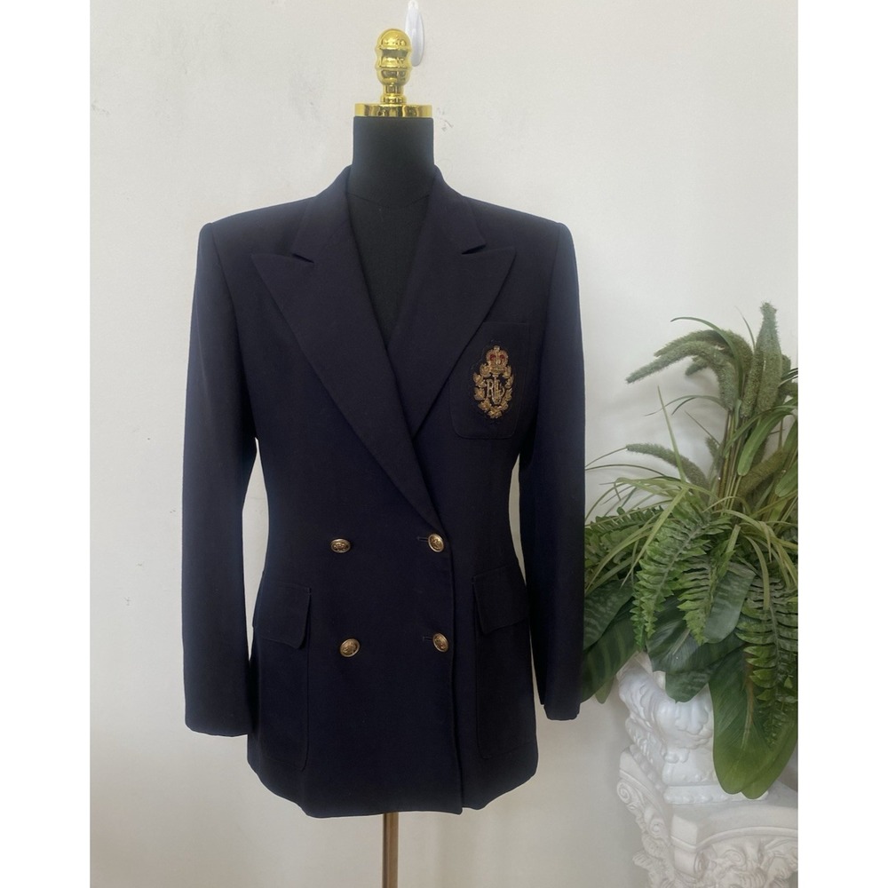 Ralph Lauren Black 100% Pure Wool Logo Crest Blazer Jacket Size 10 EUC, $395